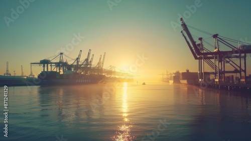 In the soft morning light, a modern harbor scene featuring towering cranes and bustling dockworkers preparing containers for international shipping, underlining the vitality of global commerce