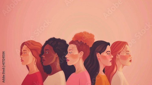 Five women of various ethnic backgrounds stand side by side, reflecting unity, strength, and diversity in a soft color palette that highlights the importance of solidarity and inclusion. © Felix