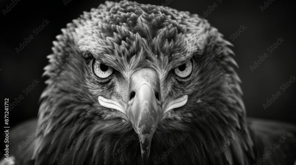 Fototapeta premium This black-and-white close-up captures the intense, focused stare of an eagle, highlighting its fierce eyes and detailed feathers, presenting a strong, timeless look.