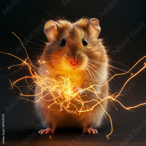 Photorealistic Hamster with Tesla Coil Lighting: An Intriguing and Unique Composition Combining a Lifelike Hamster with Electrifying Tesla Coil Effects, Perfect for Captivating and Innovative Visuals