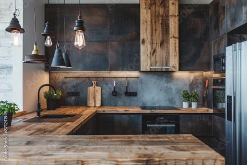 Interior of modern kitchen with wooden and black walls, concrete floor, dark wooden countertops and wooden cupboards.