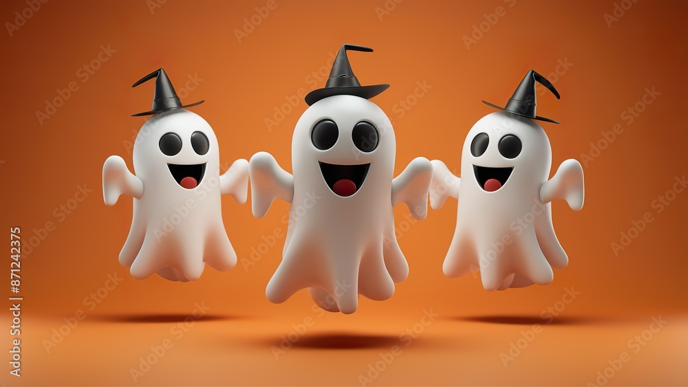 Funny 3D cartoon Halloween ghosts on an orange background. Funny 3D cartoon Halloween ghosts on an orange background.
