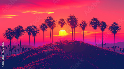 palm trees on a hill at the sunset, in the style of bold graphic illustrations, panorama, neo-geo minimalism