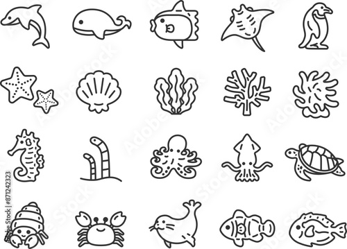 海の生物のアイコン（線画）のイラストセット
