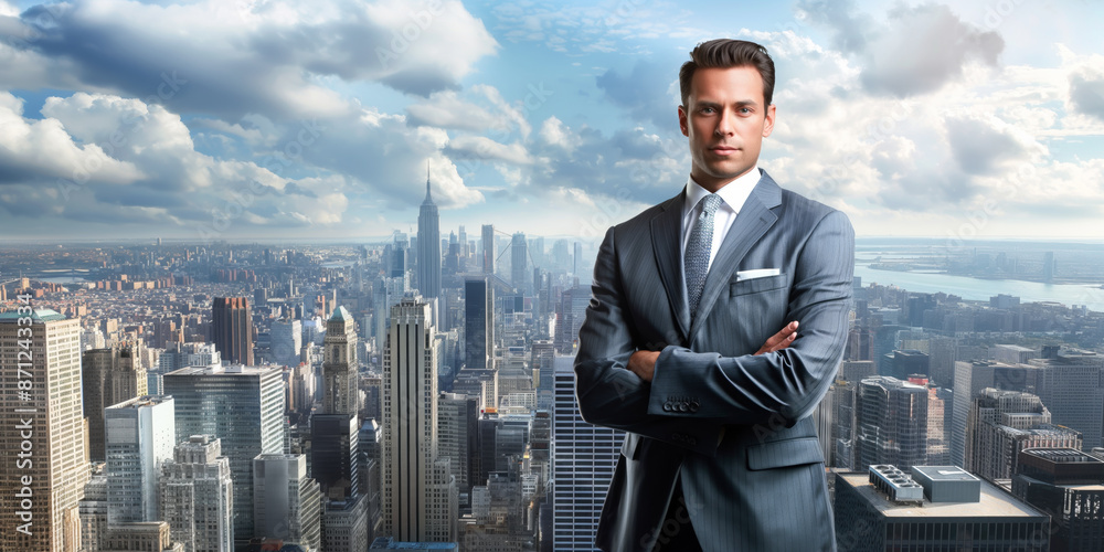 Confident businessman in a suit standing with arms crossed, overlooking a bustling city skyline with skyscrapers under a partly cloudy sky Confident businessman in a suit standing with arms crossed, overlooking a bustling city skyline with skyscrapers under a partly cloudy sky