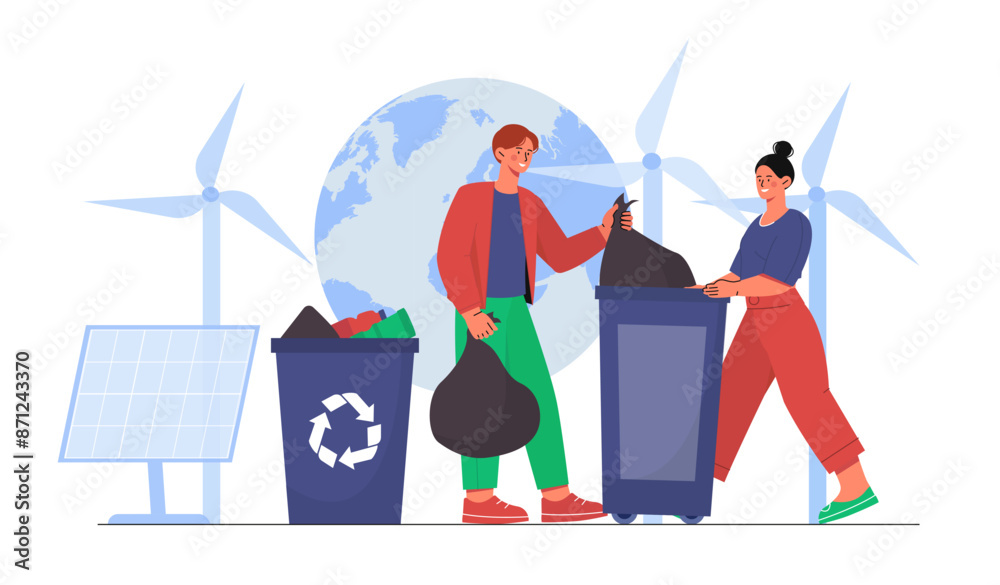 Waste processing concept. Man and woman with garbage bags near container. Reducing release of harmful waste into atmosphere. Recycling and reuse, zero waste. Flat vector illustration Waste processing concept. Man and woman with garbage bags near container. Reducing release of harmful waste into atmosphere. Recycling and reuse, zero waste. Flat vector illustration