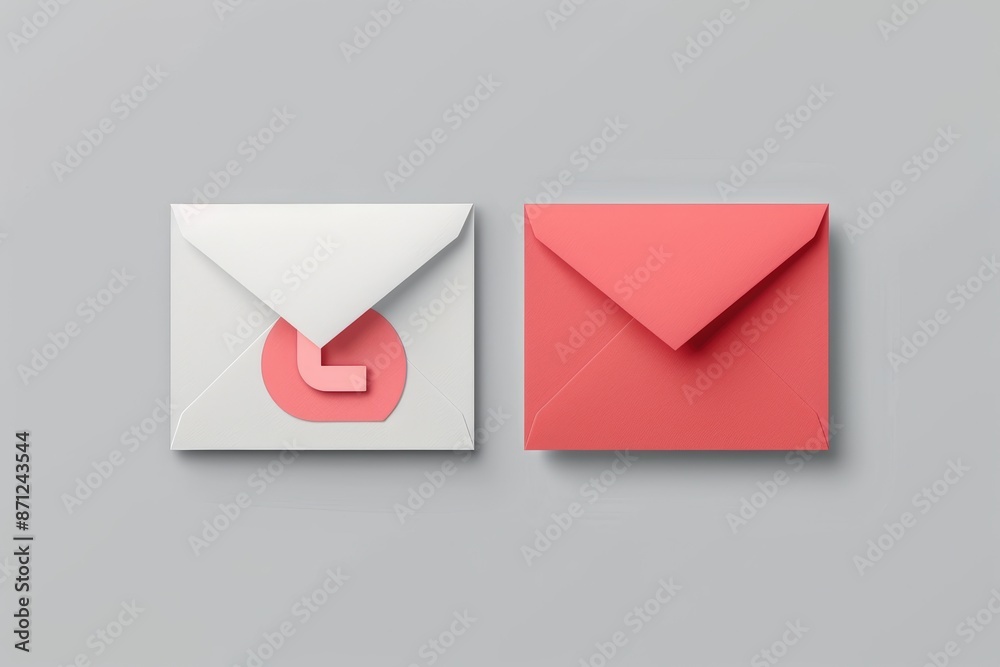 Stylish white and red envelopes with geometric seal on gray background Stylish white and red envelopes with geometric seal on gray background