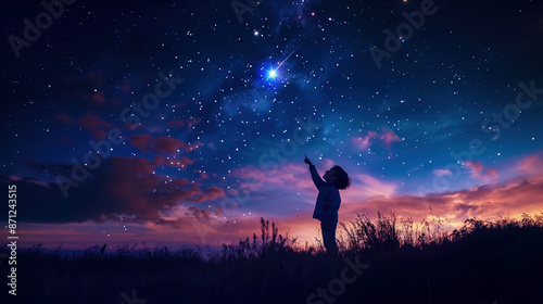un enfant montre du doigt une étoile filante qui passe dans le ciel   © Fox_Dsign