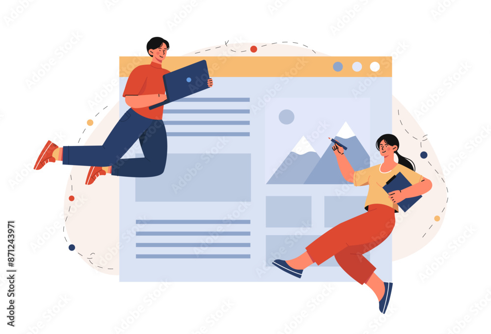 Fototapeta premium People with website. Man and woman with laptop and pencil near webpage site. Graphic designer create UI and UX elements. Freelancers and remote workers. Flat vector illustration