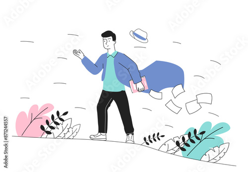 Man in windy weather. Young guy loses documents and his hat. Autumn and fall season. Person suffer from strong wind flow. Character walk at city street. Linear vector illustration