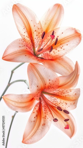 Two orange lilies on white background, close-up floral photography. Botanical art and delicate beauty concept