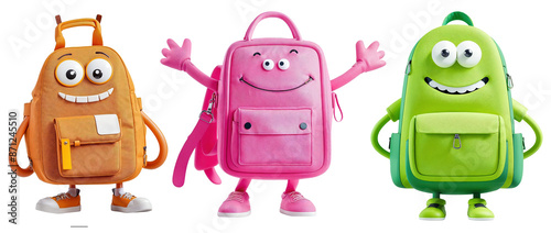 trois personnages en forme de sacs à dos pour la rentrée scolaire - isolés  sur fond transparent