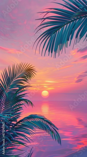 Tropical sunset with palm leaves and calm ocean in pastel colors, serene landscape. Exotic paradise vacation concept