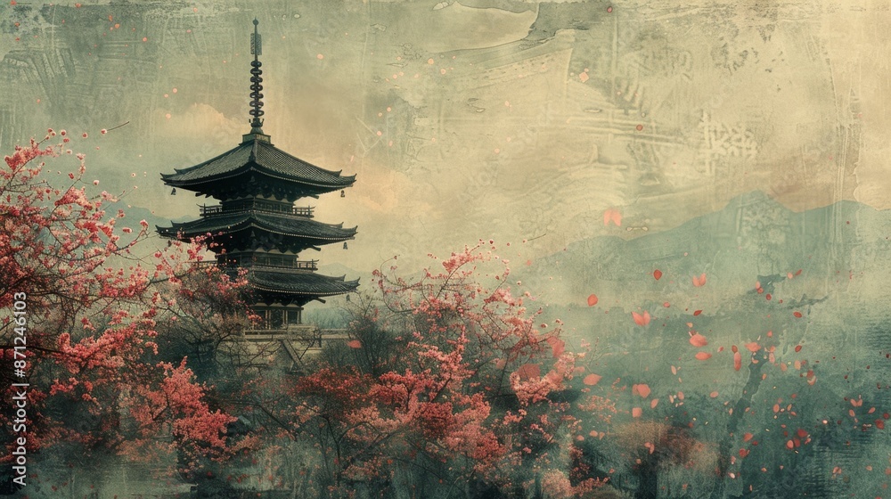 japanese garden art, old pagoda surrounded by cherry blossoms in a misty japanese garden, presented in a grungy texture poster design japanese garden art, old pagoda surrounded by cherry blossoms in a misty japanese garden, presented in a grungy texture poster design