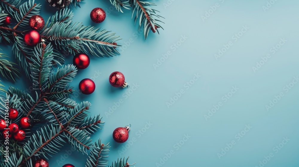 New Year s flat lay with spruce branches red Christmas balls on blue background and space for text New Year s flat lay with spruce branches red Christmas balls on blue background and space for text