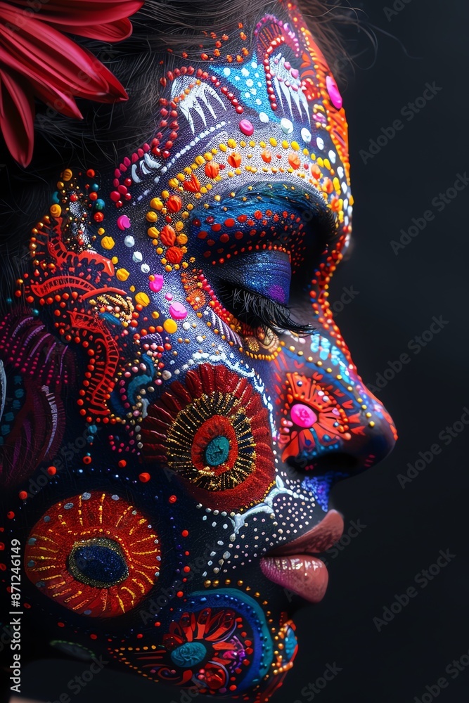 Woman with intricate face paint, vivid colors and striking profile Woman with intricate face paint, vivid colors and striking profile
