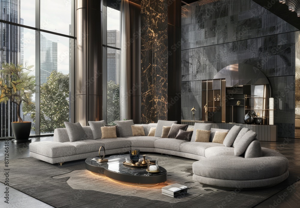 Interior of modern living room with black marble walls, concrete floor, comfortable gray sofa with cushions and coffee table with gold accessories. Interior of modern living room with black marble walls, concrete floor, comfortable gray sofa with cushions and coffee table with gold accessories.