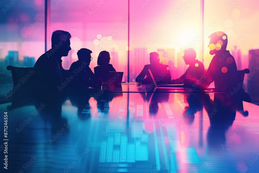 Silhouettes of businesspeople in a meeting with a city skyline view. Silhouettes of businesspeople in a meeting with a city skyline view.