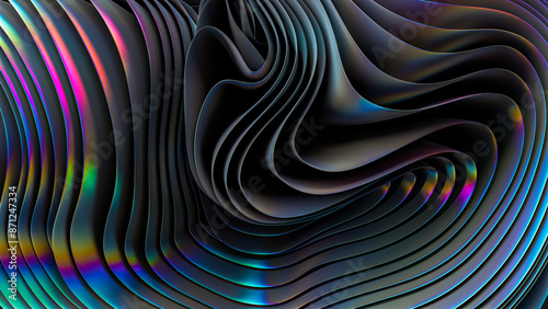 3D render of neon abstract layered holographic shapes