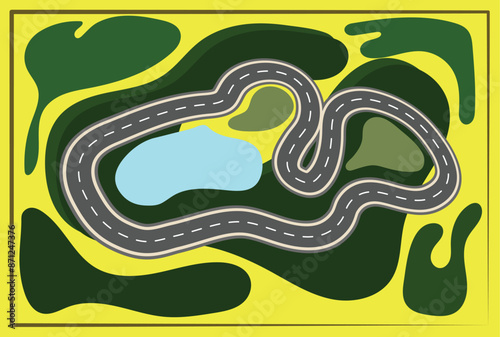 Winding road through a green landscape illustration. Race track