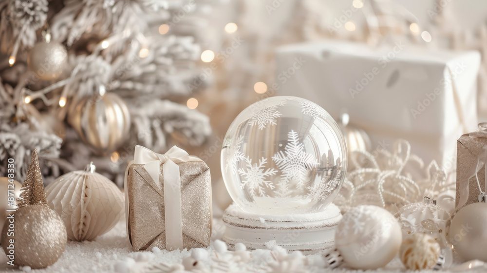 a clear snow globe, elegant white and gold gifts, and delicate snowflakes