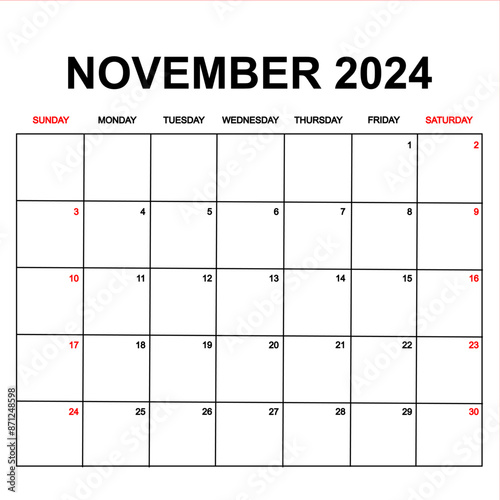 november 2024 with holydays or red dates. monthly calendar design with week starts on sunday. printable, simple, and clean vector design isolated on white background.