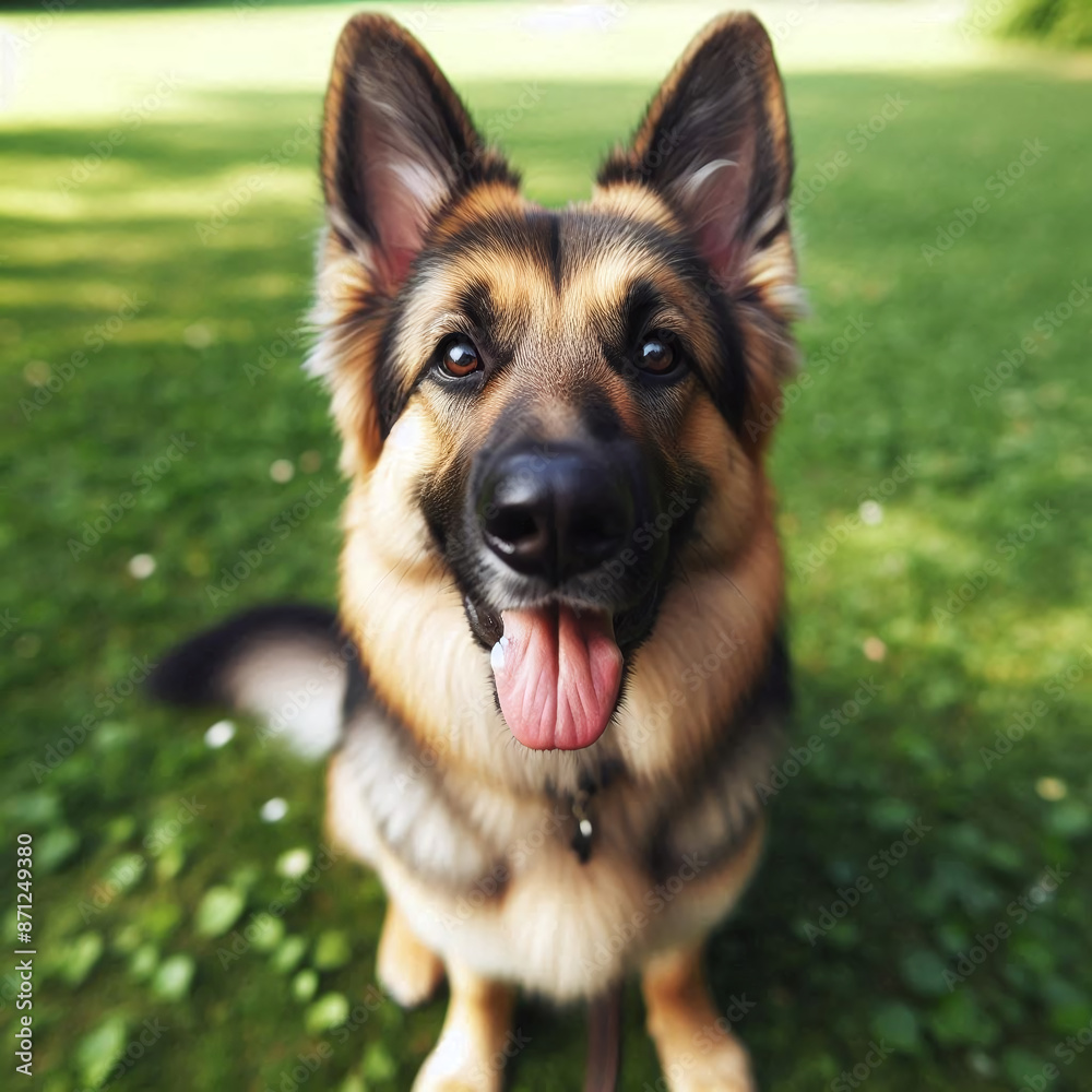 Happy German Shepherd smiling with tongue out in grassy field Happy German Shepherd smiling with tongue out in grassy field