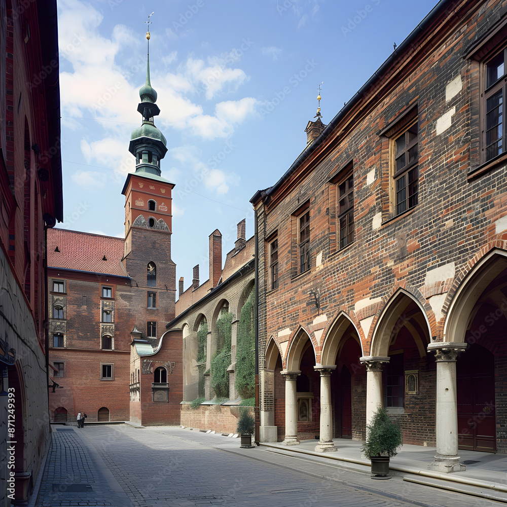 Obraz premium Man rides his bike down a cobblestone street past old brick buildings in europe