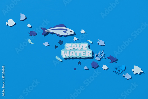 animals under the sea in the paper cutting with text Save Water photo