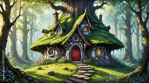 Fairy house nestled in an enchanted forest glade. Fantasy wallpaper