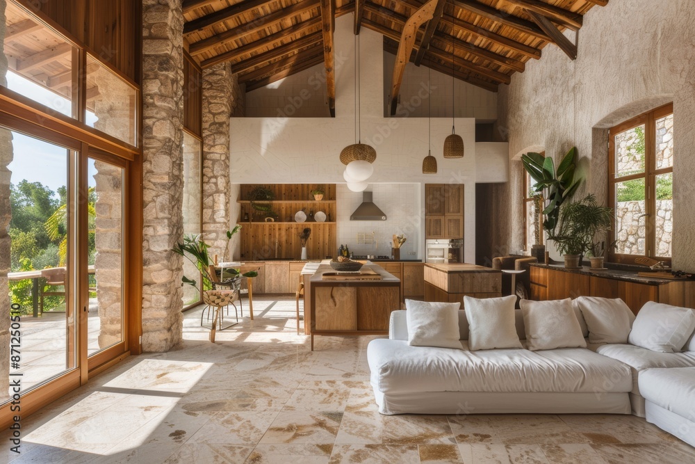 Luxury living room interior design with white sofa, coffee table and wooden beams. Luxury living room interior design with white sofa, coffee table and wooden beams.