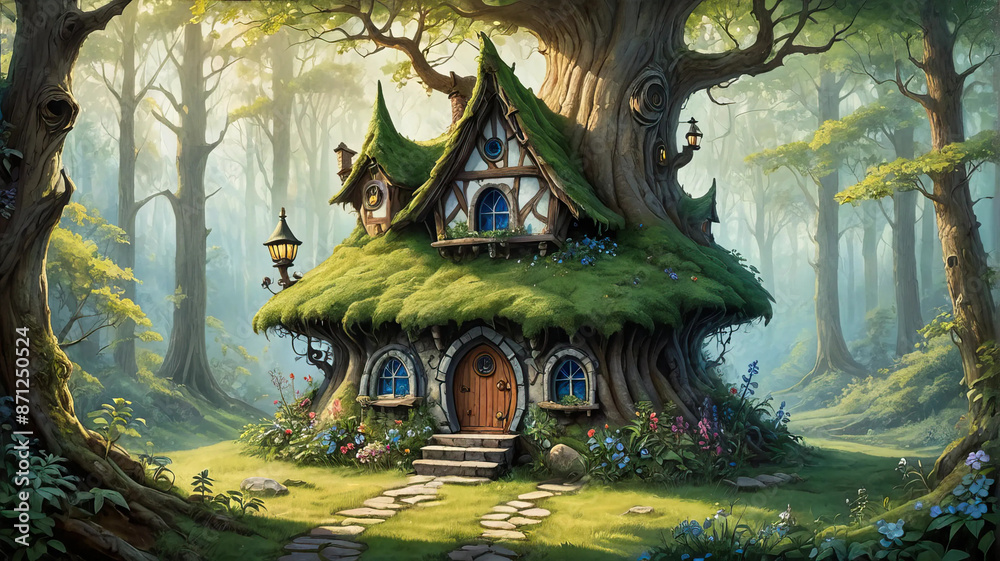 Fairy house nestled in an enchanted forest greenery. Fantasy wallpaper Fairy house nestled in an enchanted forest greenery. Fantasy wallpaper