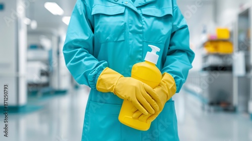 Cleaning Worker Holding Cleaning Bottle In Clean Facility. photo