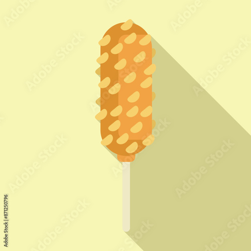 Crunchy corn dog dipped in batter being held on a white stick, street food concept
