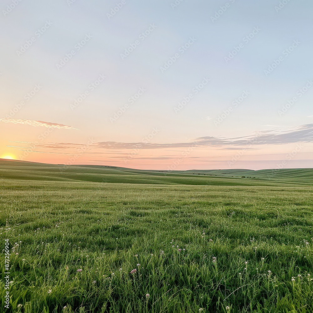 Peaceful sunset over a vast green field with a gentle breeze and rolling hills in the distance. Peaceful sunset over a vast green field with a gentle breeze and rolling hills in the distance.