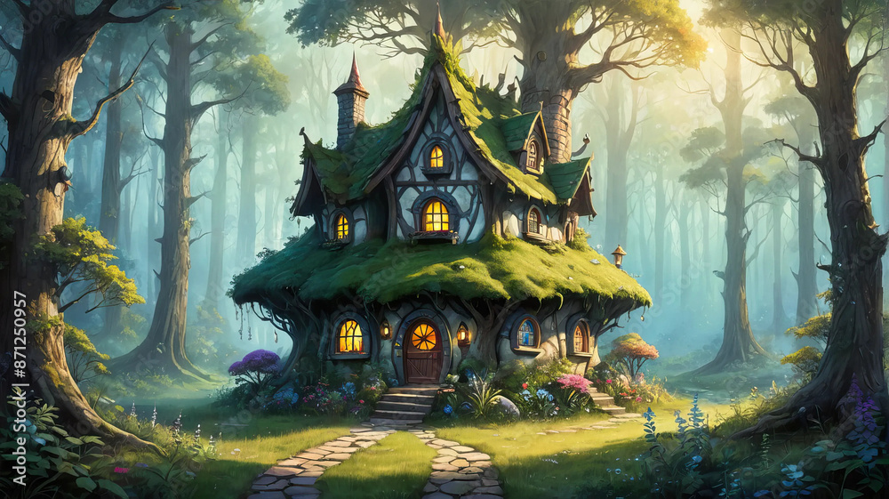 Fairy house nestled in a magical forest glade. Fantasy wallpaper Fairy house nestled in a magical forest glade. Fantasy wallpaper