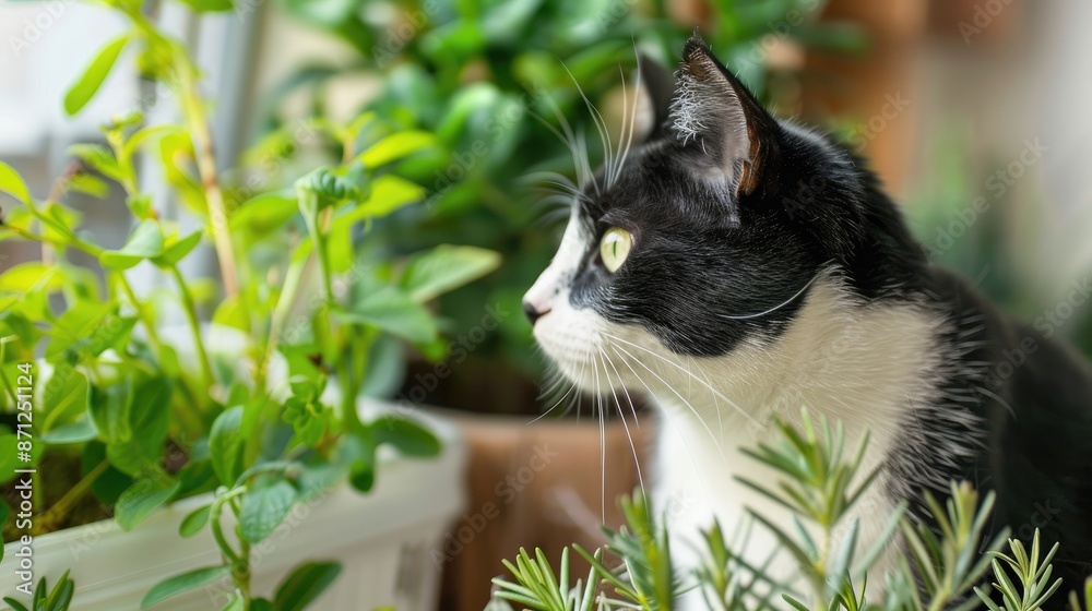 Stealthy black and white cat exploring indoor garden with blank area Stealthy black and white cat exploring indoor garden with blank area