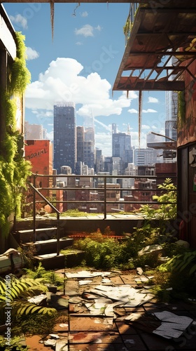 Overgrown rooftop with a cityscape view, showing the contrast between nature reclaiming urban decay. photo