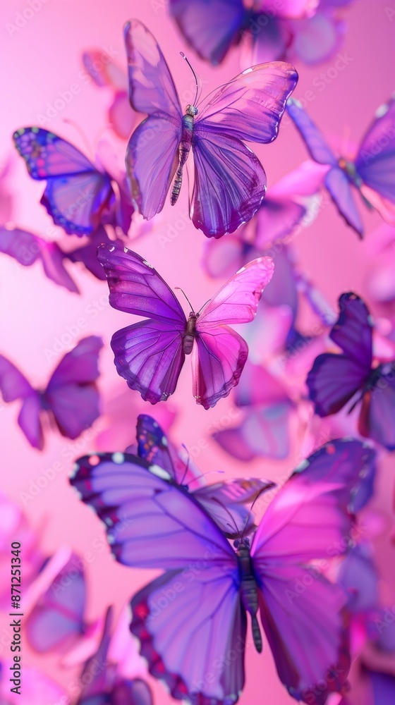 Purple butterflies in flight against a pink background, nature and beauty concept Purple butterflies in flight against a pink background, nature and beauty concept