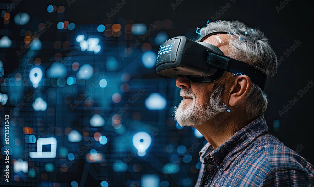 Senior man exploring virtual reality using vr technology Senior man exploring virtual reality using vr technology