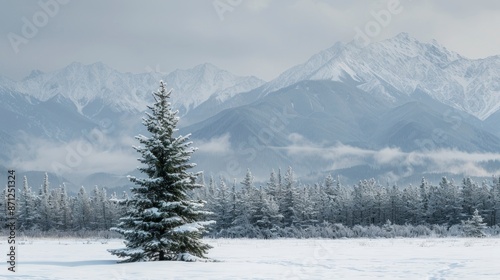 beautiful snow covered pine tree with snow filled pine forest and mountains background