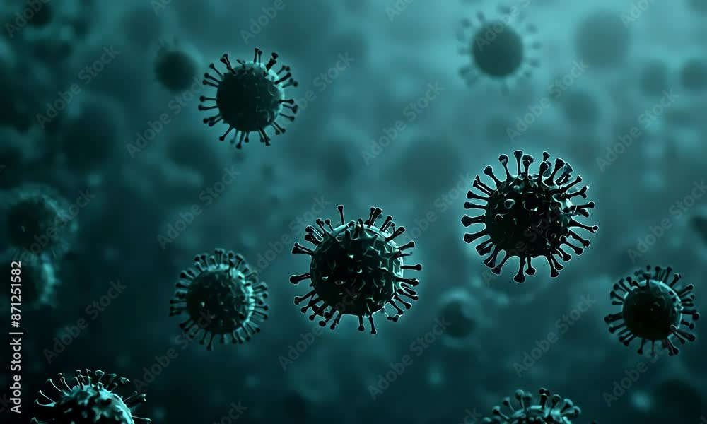 Microscopic view of floating influenza virus cells with detailed spiky surface made with Ai generative technology Microscopic view of floating influenza virus cells with detailed spiky surface made with Ai generative technology