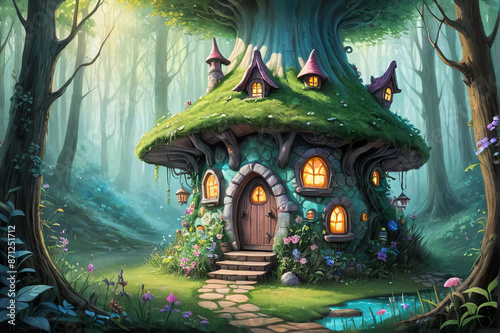 Fairy house nestled in an enchanted forest grove Fantasy wallpaper