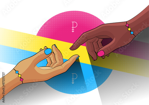 Colorful vector for LGBT pride. Hands of two pansexual people reaching each other. Bracelets. Love and friendship in the LGBTQIAPN+ community. Pan flag, symbols and halftone elements in the background