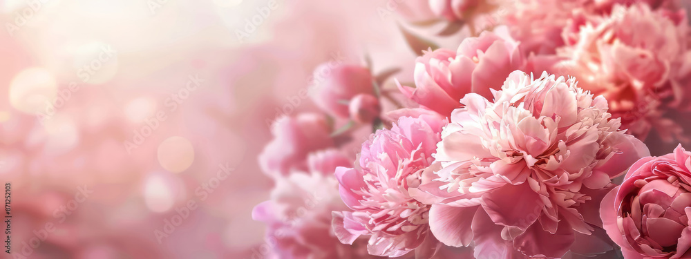 Floral frame with pink peonies on light pink background for wedding, Mothers day, Womans day card. Flower composition with place for text, copy space. Flat lay, top view