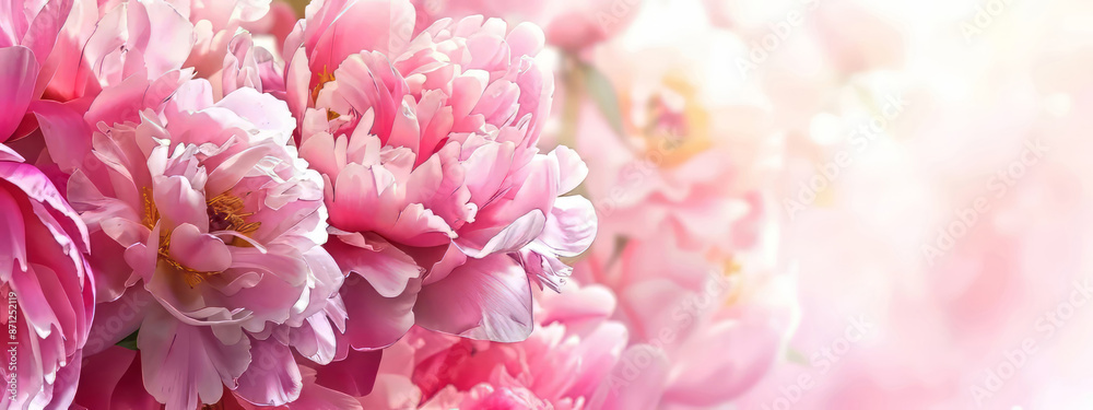 Floral frame with pink peonies on light pink background for wedding, Mothers day, Womans day card. Flower composition with place for text, copy space. Flat lay, top view Floral frame with pink peonies on light pink background for wedding, Mothers day, Womans day card. Flower composition with place for text, copy space. Flat lay, top view