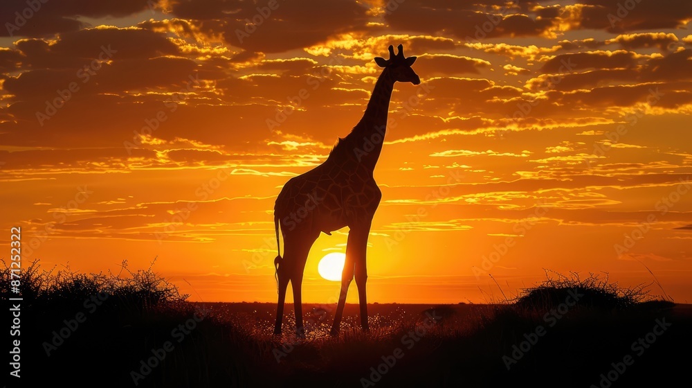 Capture the majestic silhouette of a giraffe against an African sunset Capture the majestic silhouette of a giraffe against an African sunset