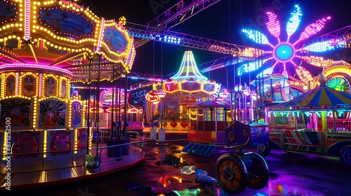 A vibrant carnival scene with rides, games, and colorful lights