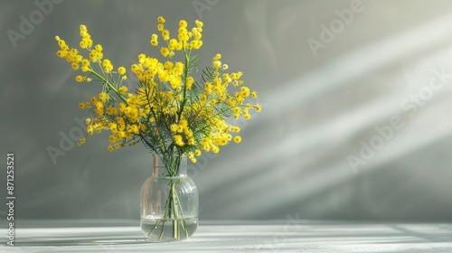 Spring bouquet of mimosa flowers in glass vase on light gray background with shadows and space for text