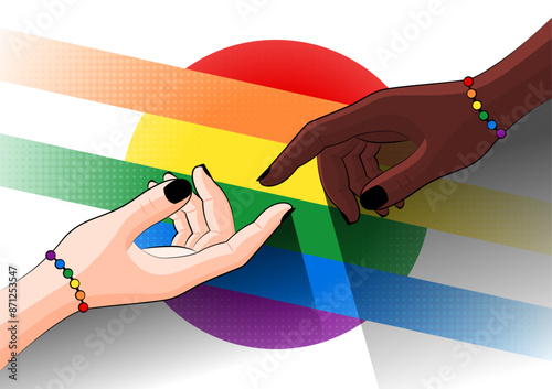 Colorful vector for LGBT pride. Hands of two LGBT people reaching each other. Bracelets. Love and friendship in the LGBTQIAPN+ community. LGBT flag, symbols and halftone elements in the background.